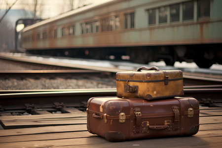 Two vintage suitcases on railway station. Retro style toned pictureの素材