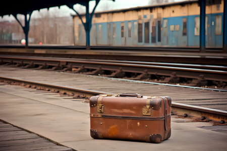 Old suitcase on the platform of a railway station. Travel concept.の素材