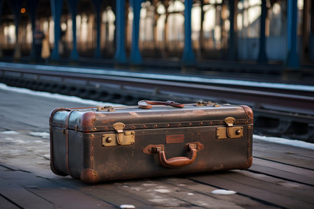 Vintage suitcase on platform of railway station. Travel concept background.の素材