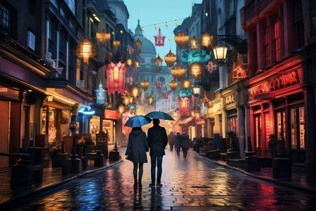 Woman with umbrella walking on a street in London, UK. Conceptual imageの素材