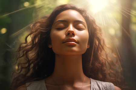 Portrait of beautiful young woman with closed eyes in the forest.の素材