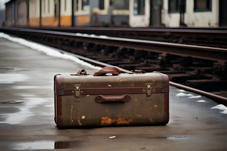 Old suitcase on the platform of the railway station. Retro style.の素材