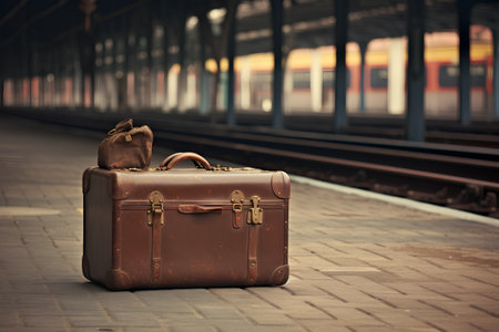 Vintage suitcase on the platform of a train station, travel conceptの素材