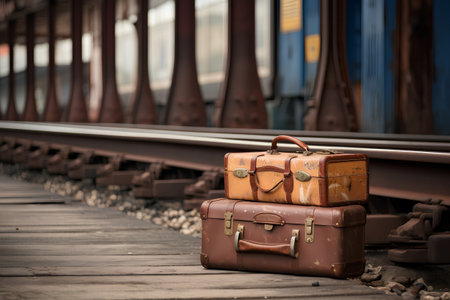 Two old vintage suitcases on the platform of a train station.の素材
