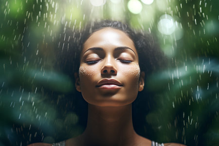 Portrait of beautiful young african american woman under rain.の素材