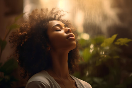 Beautiful african american woman with curly hair and closed eyesの素材