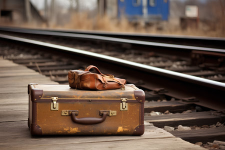 Old suitcase on railway tracks. Retro style toned image, shallow depth of fieldの素材