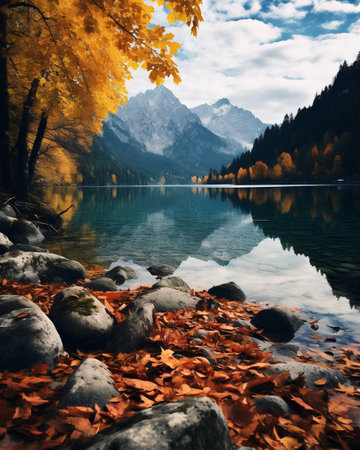 Beautiful autumn landscape with lake and mountains in the background, Zugspitze, Austriaの素材