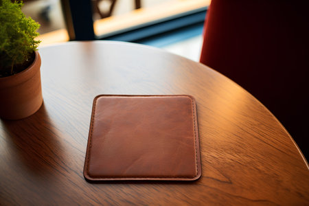 Leather wallet on a wooden table in a cafe. Selective focus.の素材