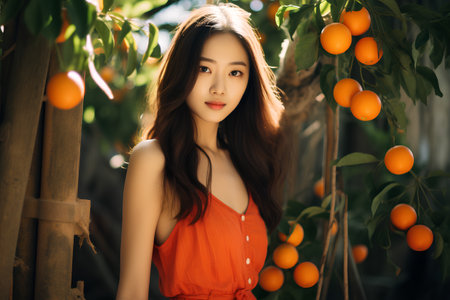Portrait of a beautiful asian woman in orange dress with orangesの素材