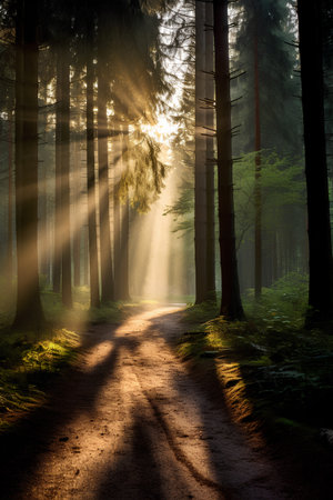 Mysterious dark forest in the morning with sunbeams and raysの素材