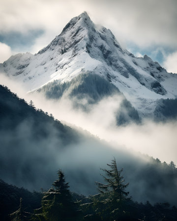 Beautiful winter landscape with snow-capped mountains in the cloudsの素材