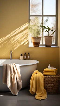 Bathroom interior with bathtub, towel and basket with flowers on the windowsillの素材