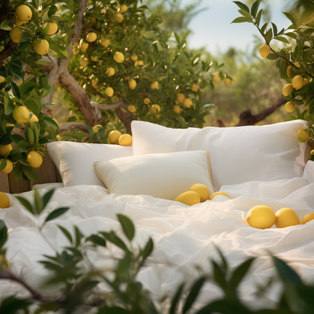 Lemon tree with lemons and white pillows on the bedの素材
