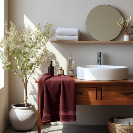 Bathroom interior with bathtub, towel, mirror and plant. 3d renderの素材
