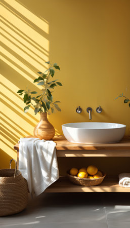 Bathroom interior with a wooden bathtub, a basket with oranges and a towel. 3d renderingの素材