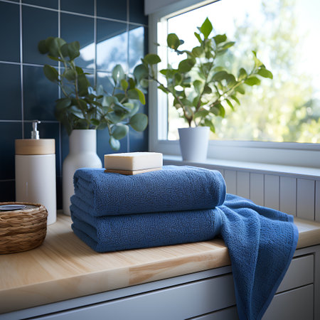 Bathroom interior with blue towels and soap. 3d renderingの素材