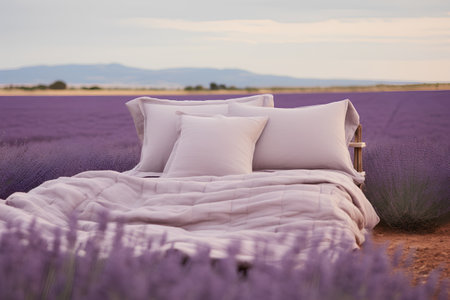 Lavender field in Provence, France. Comfortable bed with pillowsの素材