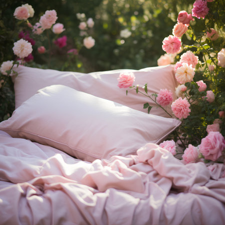 Bed with pink pillows and pink roses in the garden. Summer concept.の素材