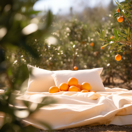 Fresh oranges on the bed in the garden. Selective focus. nature.の素材