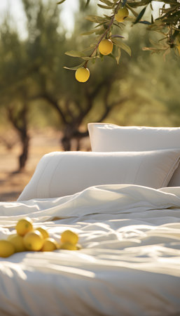 Luxury white bedding with yellow olives in olive grove.の素材