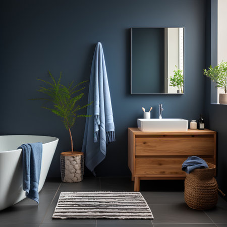 Bathroom interior with bathtub, mirror and towel on the wall. 3d renderの素材