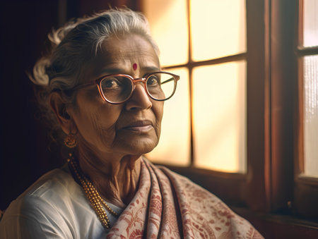 Portrait of an elderly woman with eyeglasses at home.の素材