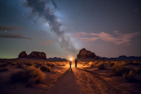Man in the desert at night with milky way and starry skyの素材