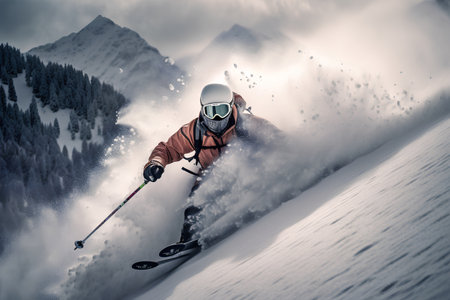 Skier skiing downhill in high mountains. 3D Rendering.の素材