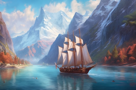 sailing boat on the background of mountains and lake, digital paintingの素材