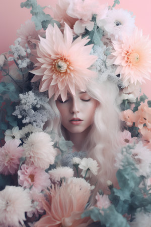 Portrait of a beautiful blonde woman in a wreath of flowersの素材