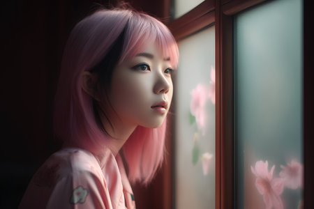 A shot of an asian girl with pink hair in the windowの素材