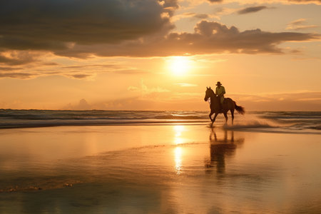 Silhouette of a man riding a horse on the beach at sunsetの素材