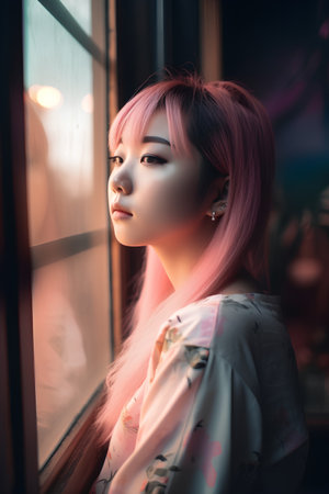 Portrait of a beautiful Asian girl with pink hair standing near the window.の素材