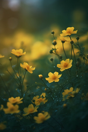 Yellow flowers in the meadow. Nature background. Soft focus.の素材