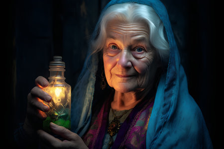 Old woman with a lamp in her hands. Portrait of an old woman.の素材