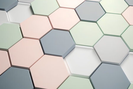 3d rendering of a hexagon background in pastel colors.の素材