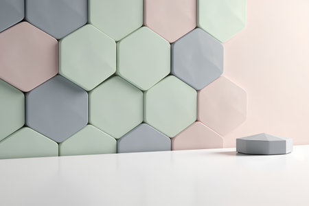 3d render, abstract background with hexagons, podium for product presentationの素材