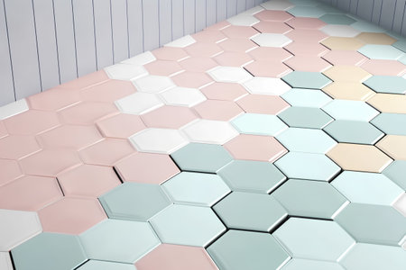 3d rendering of an empty room with hexagons in pastel colorsの素材