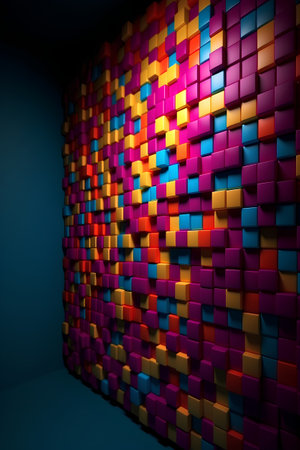 abstract background with colorful cubes in blue room, 3d renderの素材