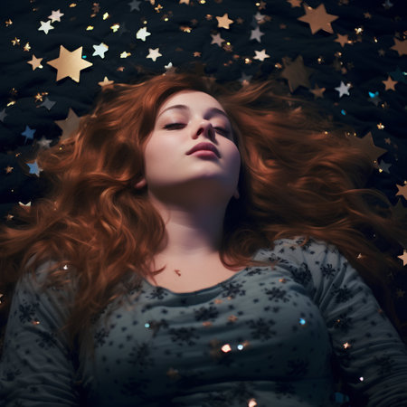 Beautiful young woman with long red hair and stars on black backgroundの素材