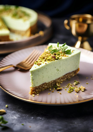 Pistachio cheesecake with pistachios and mint.の素材