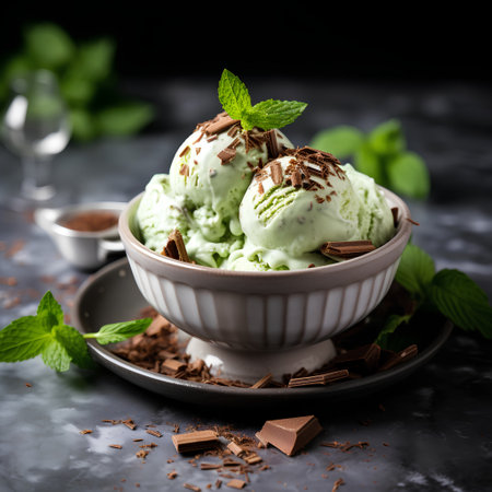 Green tea ice cream with chocolate chips and mint leaves in a bowl on a dark background. Selective focus.の素材