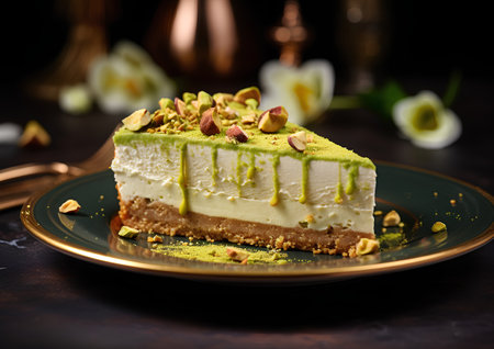 Pistachio cheesecake with pistachios on dark backgroundの素材