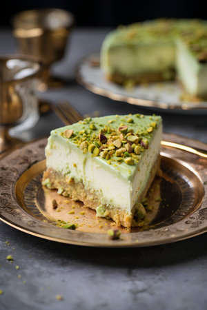 Pistachio cheesecake with pistachios on golden plateの素材