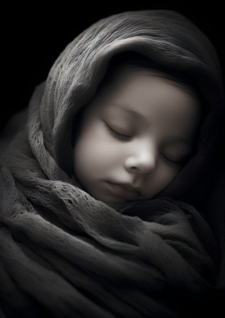 A portrait of a sleeping newborn baby wrapped in a gray scarf.の素材