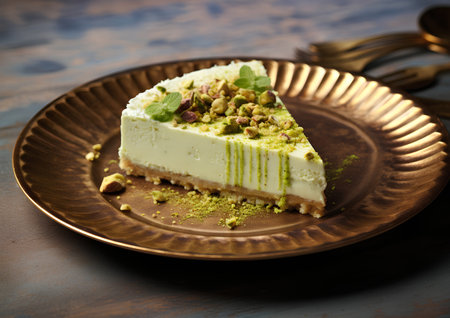 Pistachio cheesecake with pistachios and mint.の素材