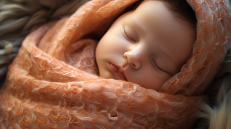 Cute sleeping baby girl wrapped in a warm scarf. Close-up.の素材