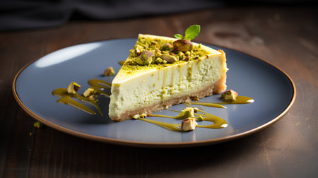 cheesecake with pistachios and mint on a dark backgroundの素材