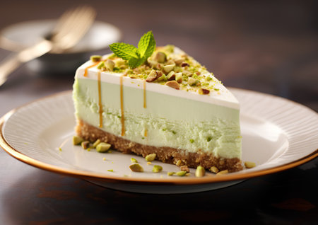 Cheesecake with pistachios and mint on a plate.の素材